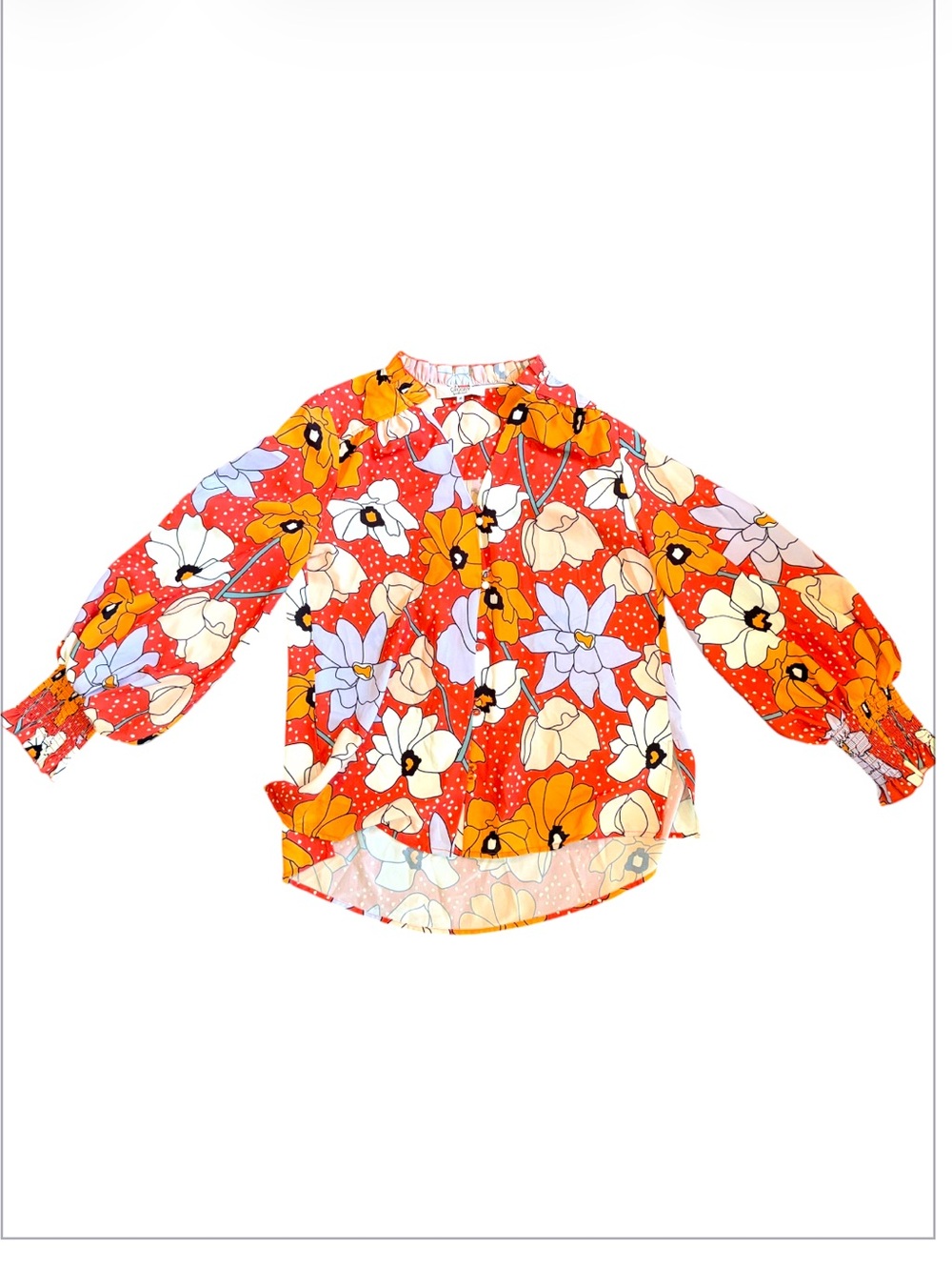 Crosby by Mollie Burch Dopamine Floral Button Front Blouse Balloon Long Sleeves - Picture 3 of 13